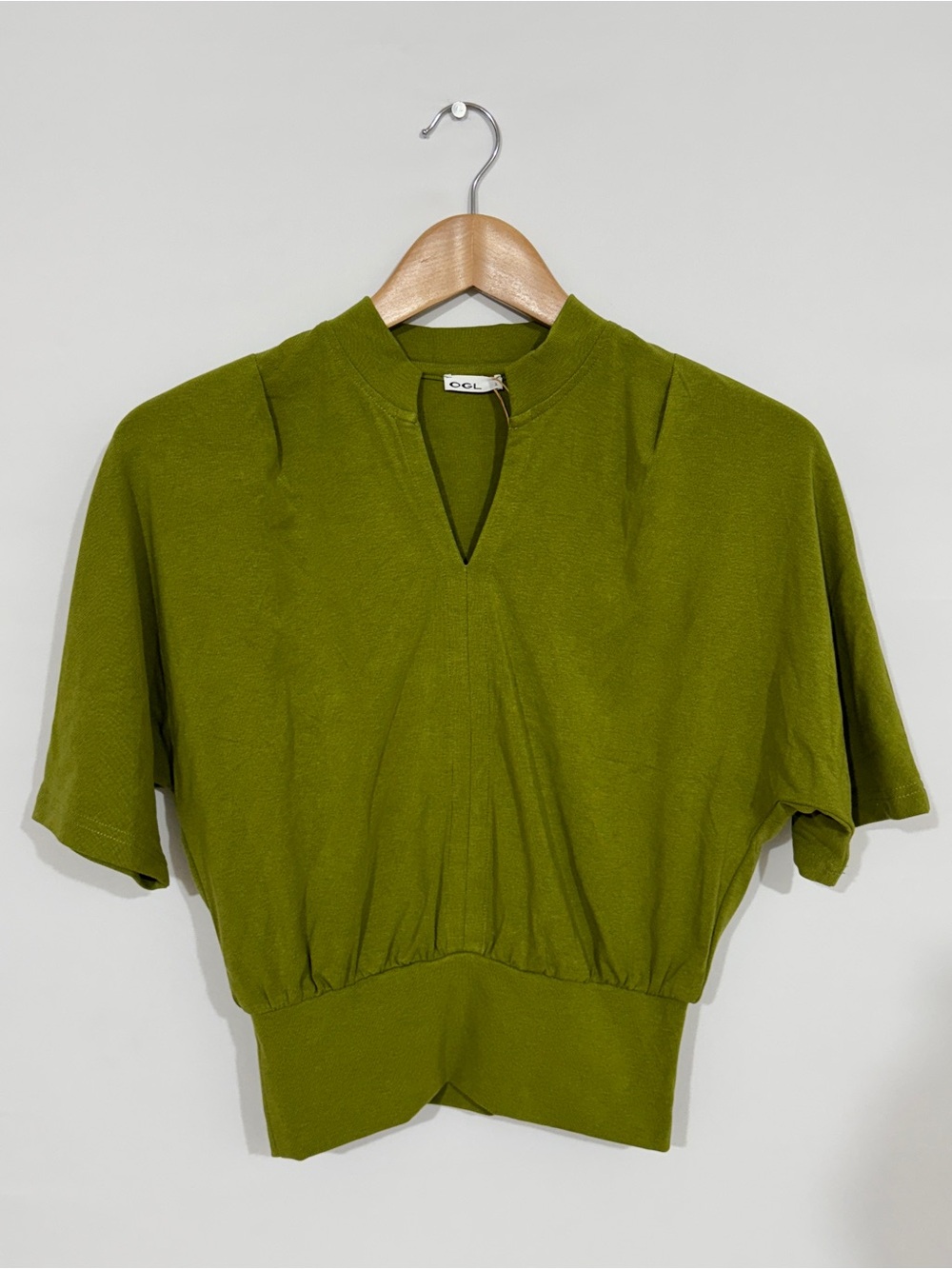 WSW15 {OGL} Green Short Sleeve V-Neck Collar Cropped Top Sweatshirt